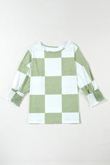 Blouse vert herbe mélangée à carreaux et poignets froncés-A WOMAN WE LOVE