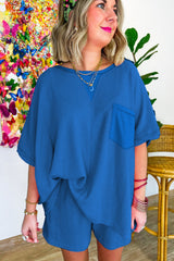 Ensemble t-shirt et short oversize en tricot gaufré bleu ciel-A WOMAN WE LOVE