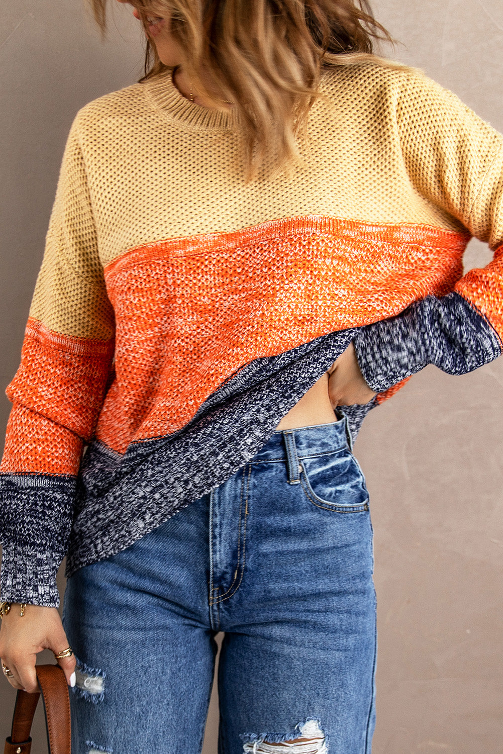 Blue Color Block Netted Texture Pullover Sweater