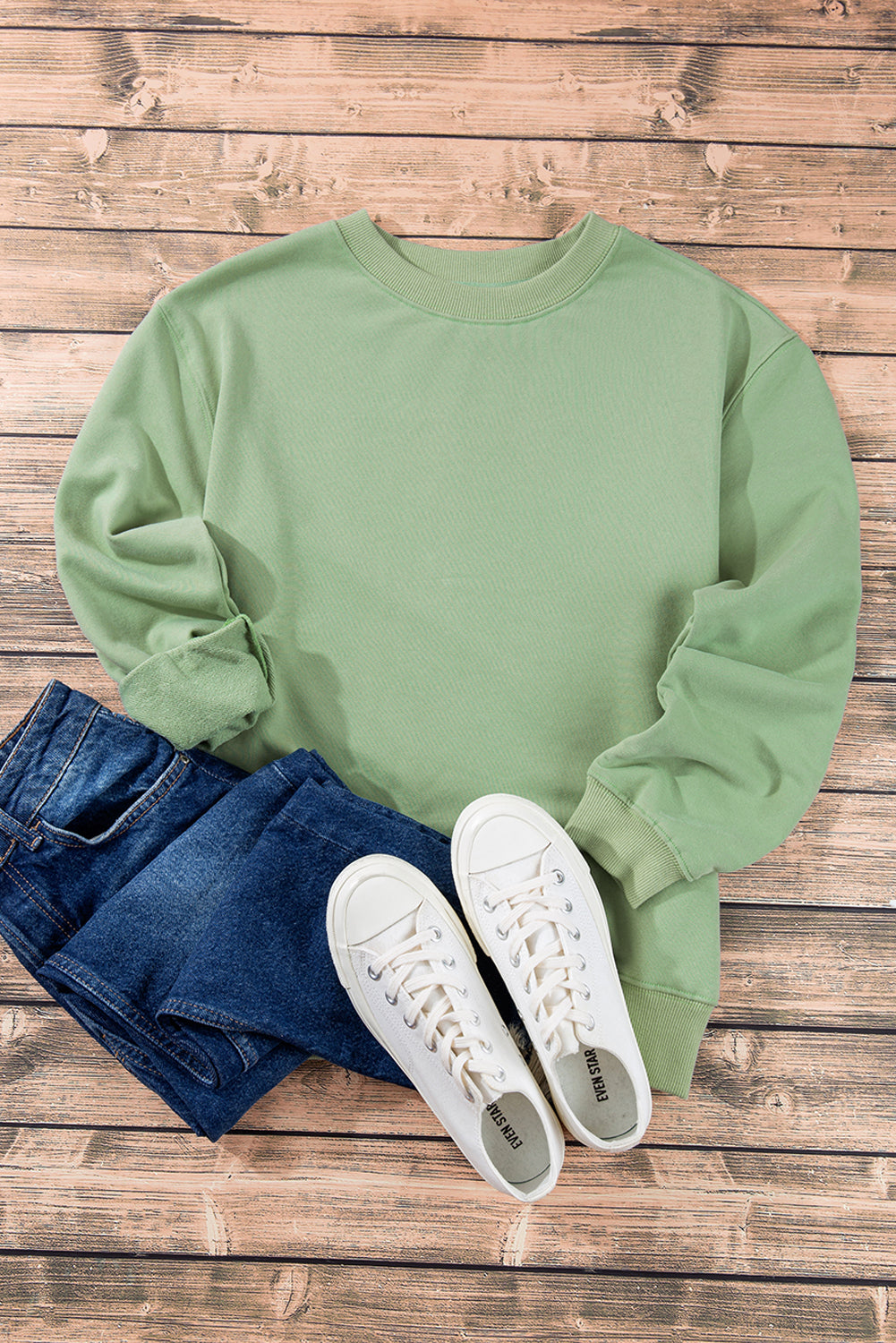 Sweat-shirt à col rond et épaules tombantes uni vert fumée