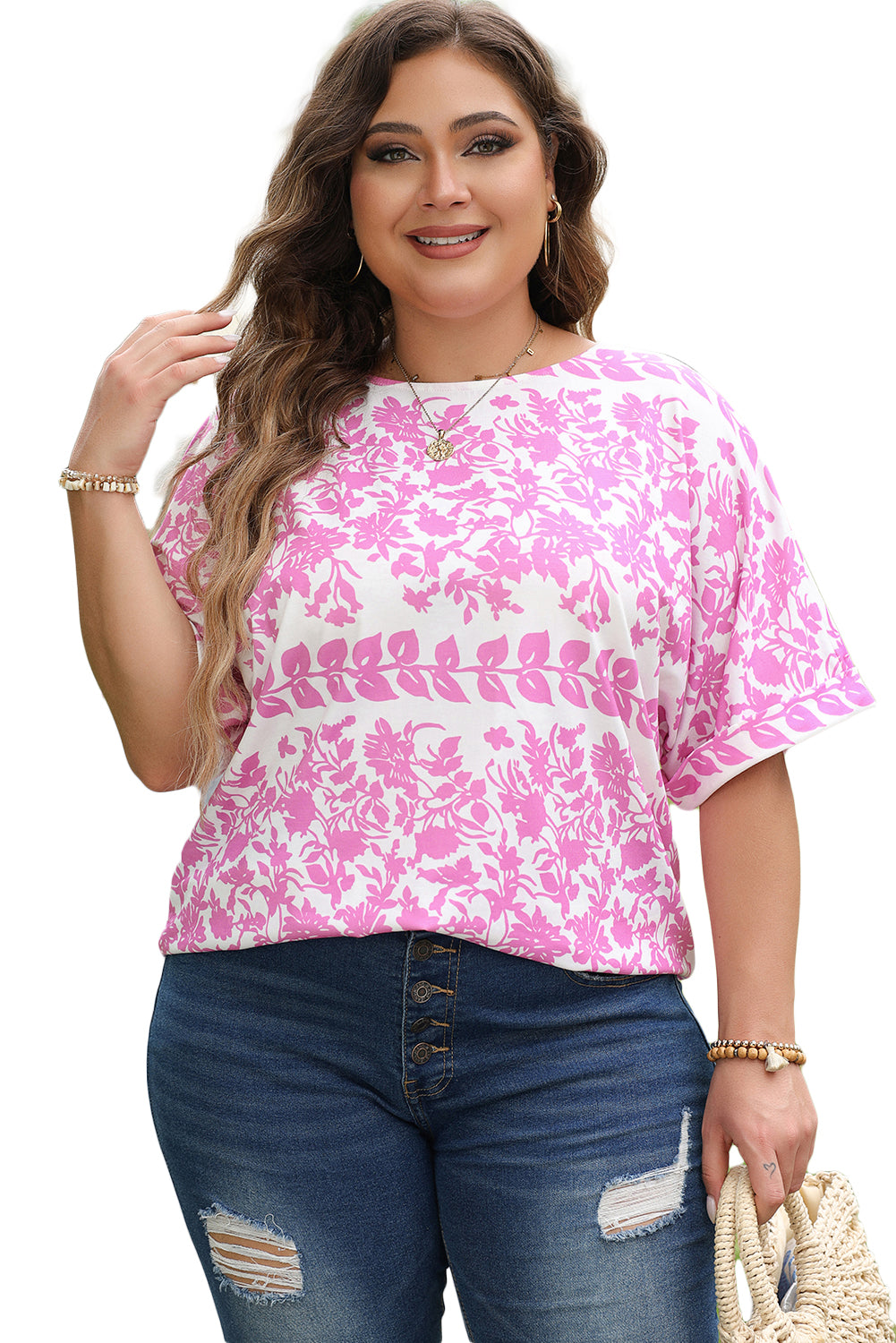 Camiseta de talla grande de dobladillo curvado con estampado floral blanco