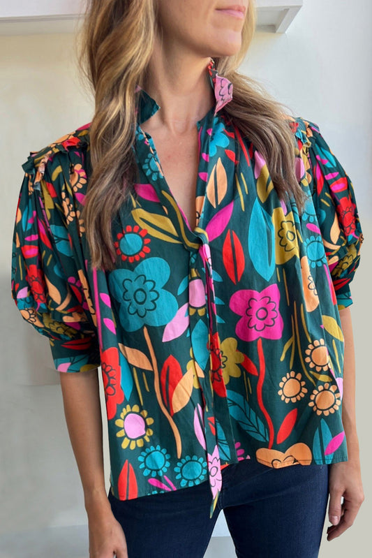 Blouse de cou de cou à imprimé floral vert lié en V