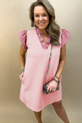 Textured mini-Right-red with puffy and ruffle sleeves and light pin v-neck