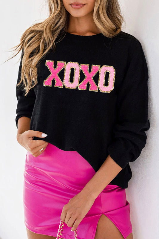 Schwarzer Xoxo Glitter Druck runder Nacken Casual Pullover