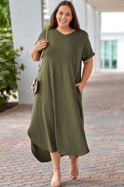 Green Green Dress with V -neck and large rolled cuffs