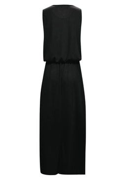 Solid black sleeveless long tunic dress with slit