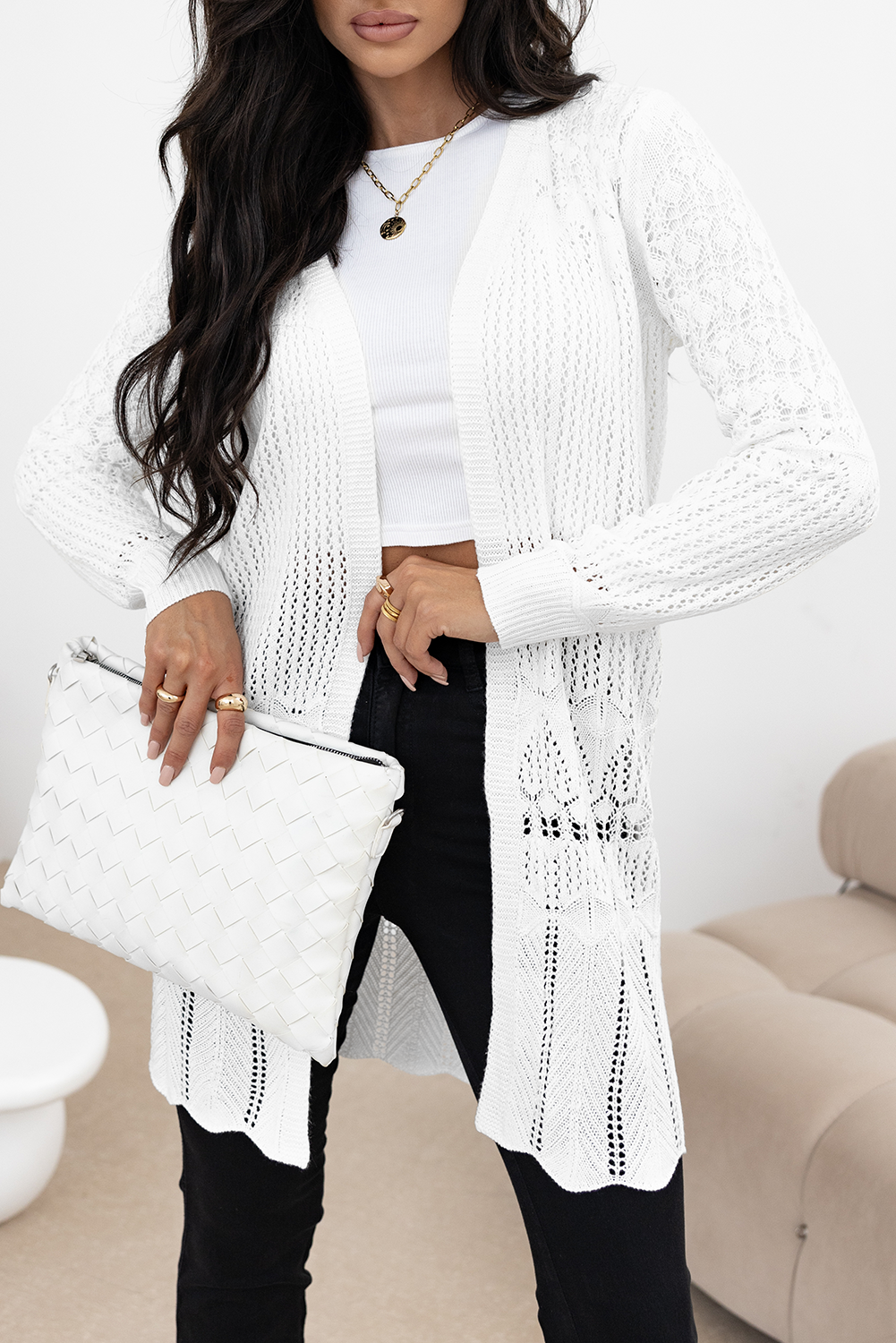 White open front crochet cardigan