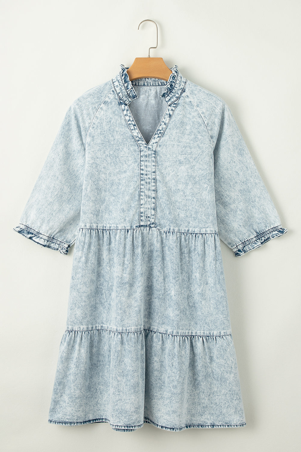 Dusk Blue Acid Wash Retro Robe en jean évasé à manches demi-manches