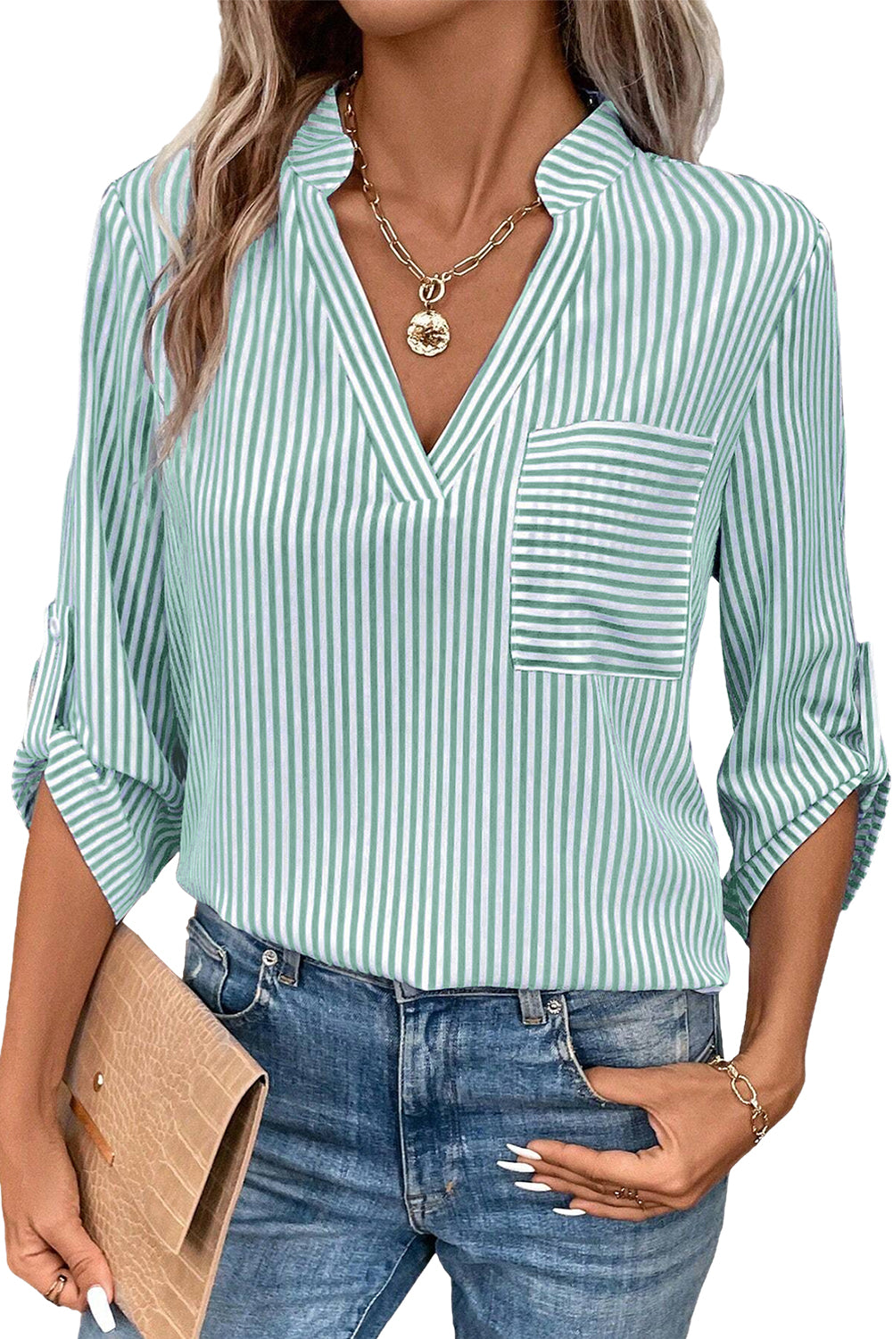 Chemise classique patchée à rayures vertes *-A WOMAN WE LOVE