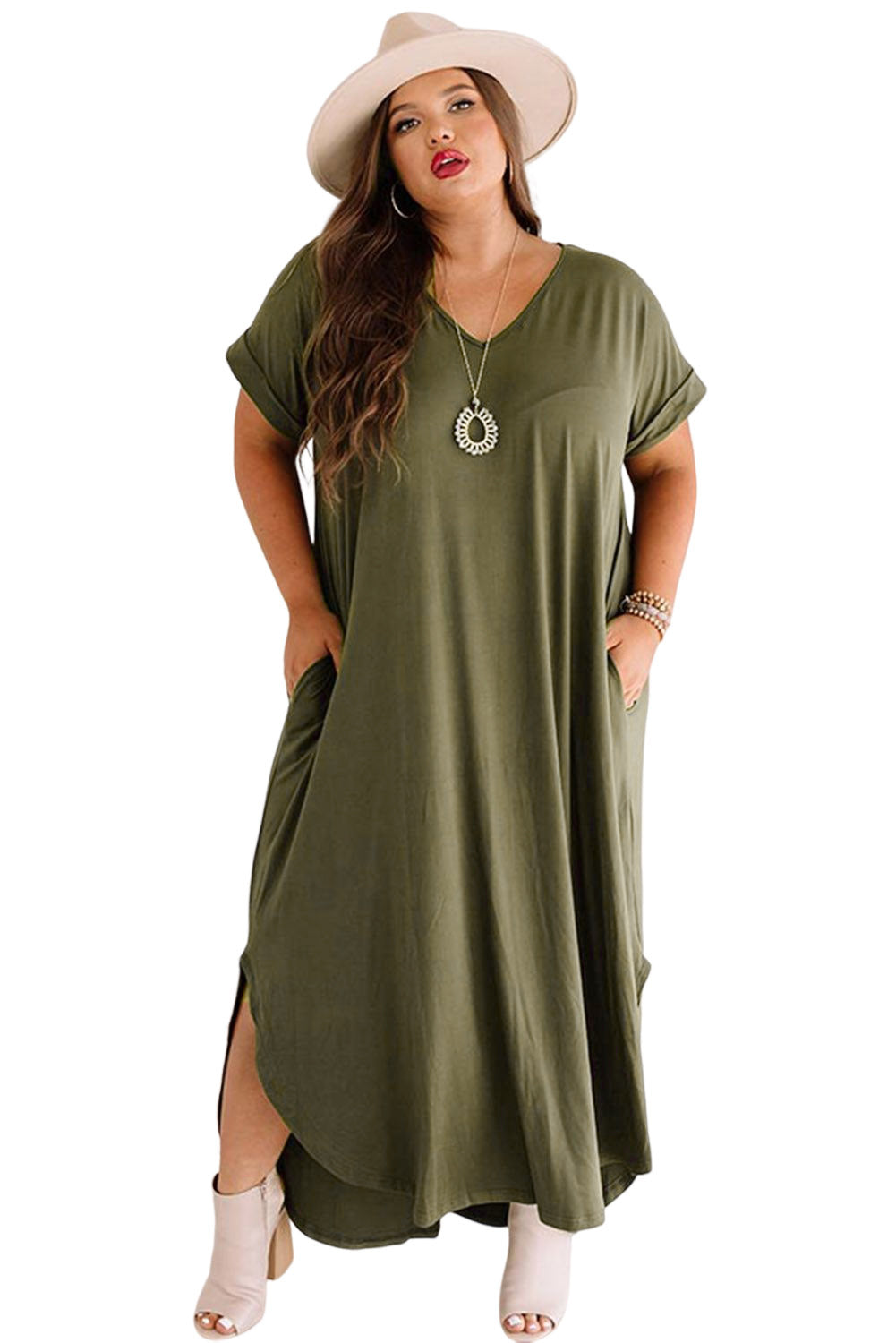 Vestido maxi en los puños enrollados de cuello de talla grande en verde