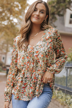 Babydoll khaki flower blouse with V -collar and ruffles