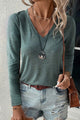 Solid Color Mist Green V-Neck Long Sleeve Top