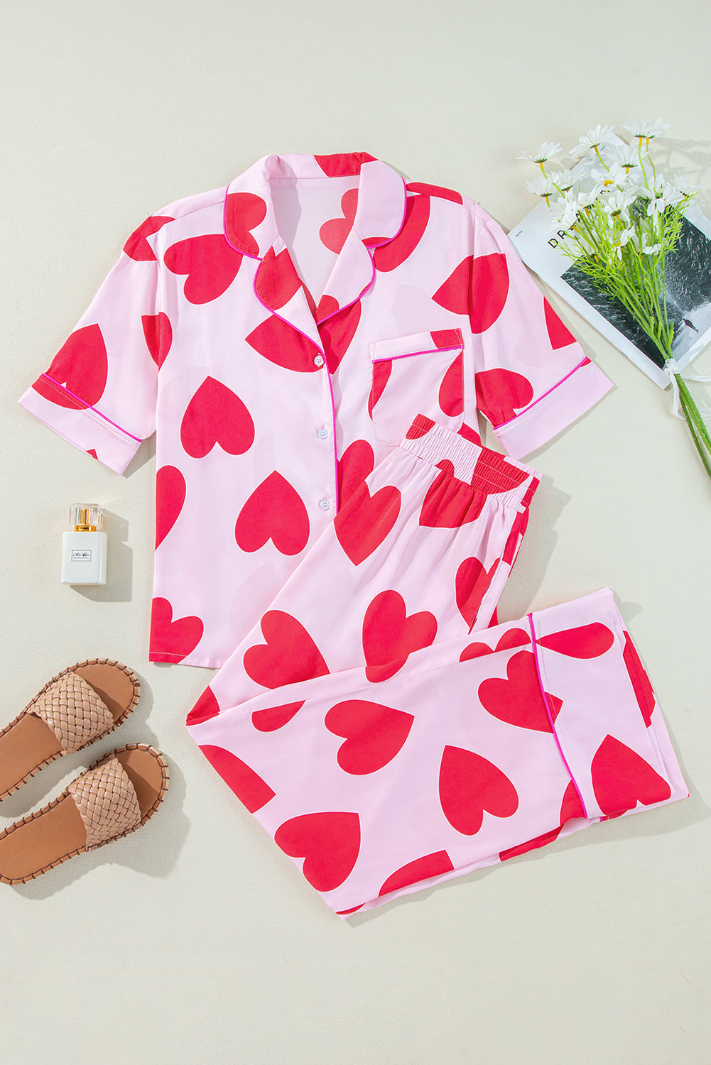 Ensemble pyjama pantalon à manches courtes rose coeur classique Saint-Valentin-A WOMAN WE LOVE