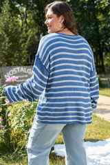 Pull bleu ciel à rayures et épaules tombantes, col rond, grande taille