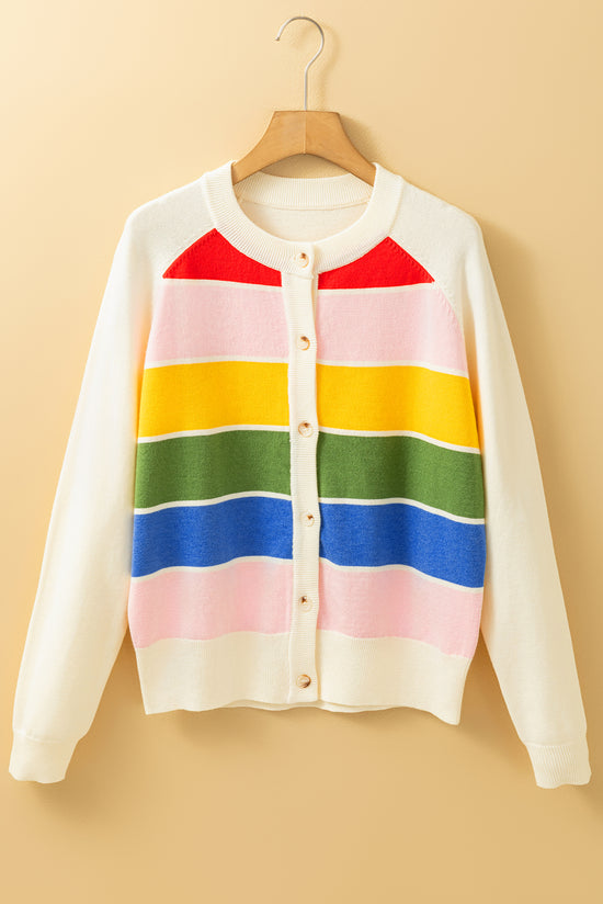 Cardigan with white striped and colored patterns, buttoned on the front