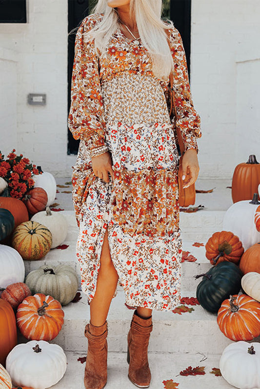 Khaki Floral Print Ruffle Midi Dress with Long Sleeves and V-Neck