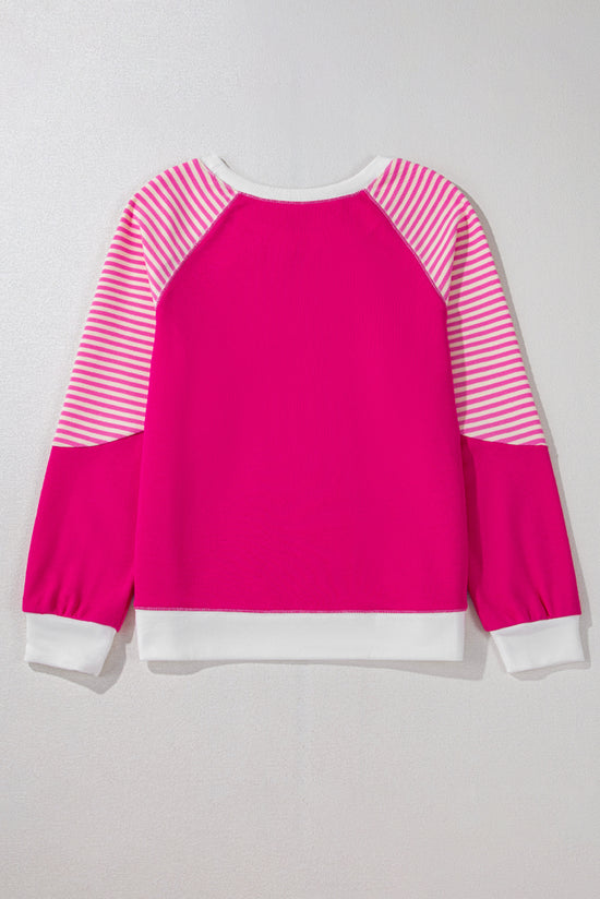 Strawberry Pink Striped Raglan Sleeve Crew Neck Top