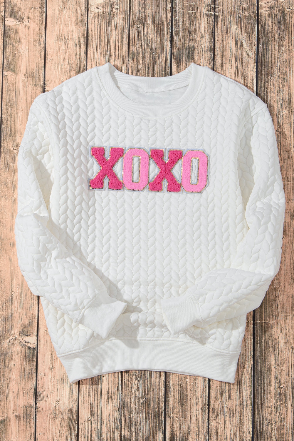 Sudadera de cable de cable de chenilla xoxo white xoxo