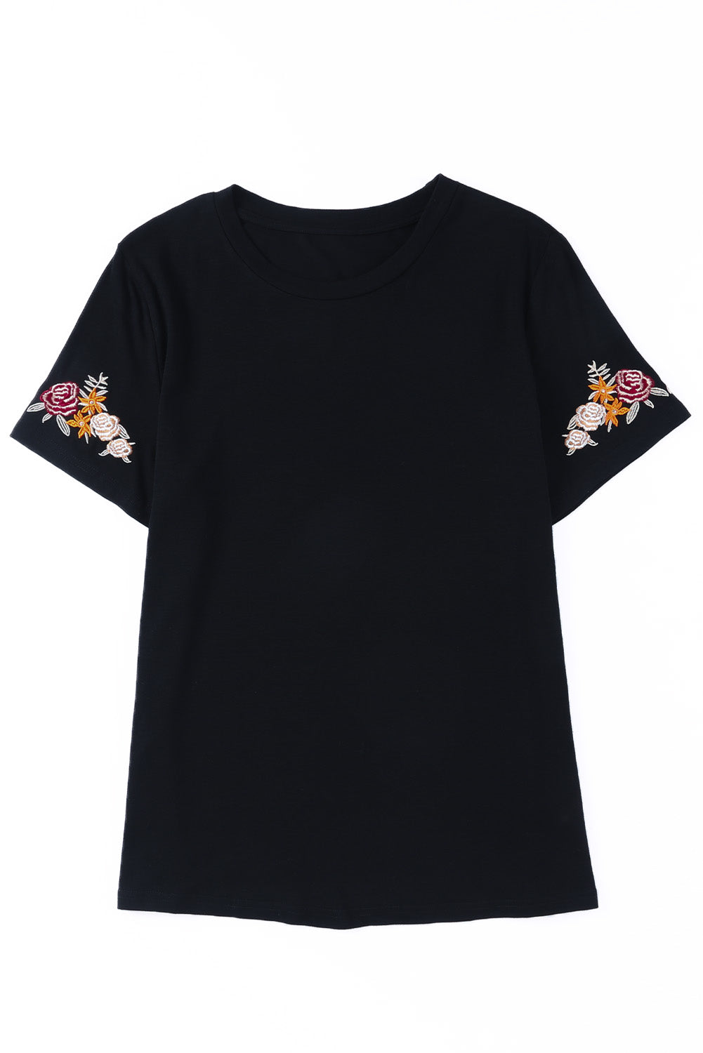 Camiseta negra con mangas cortas y cuello redondo bordado con flores