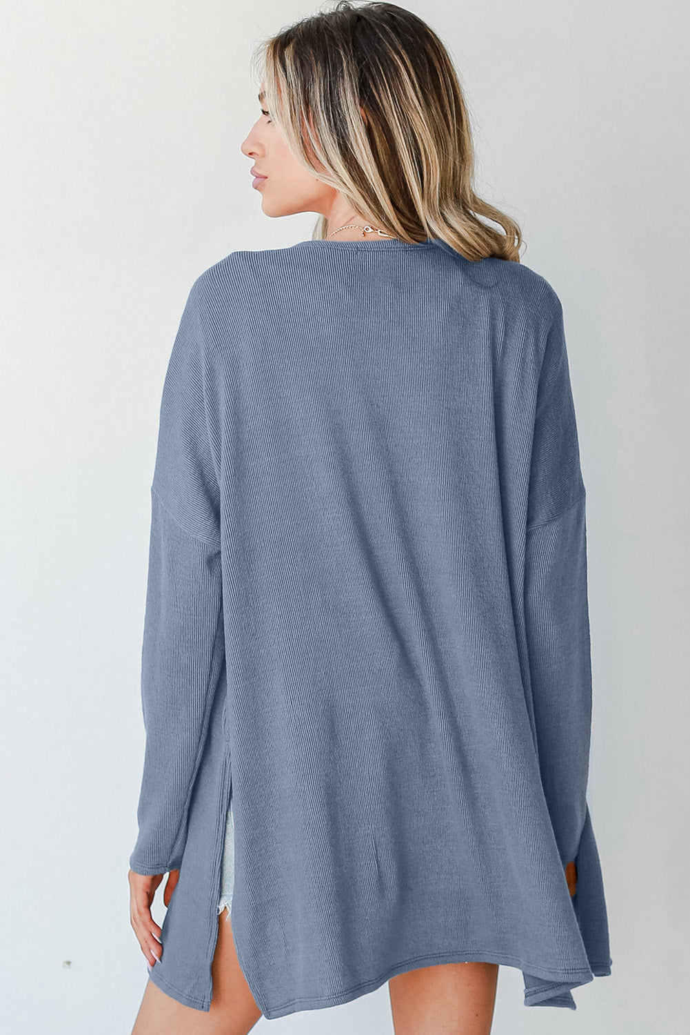 Ashleigh Solid Blue Ribbed Knit Open Front Tunic Cardigan