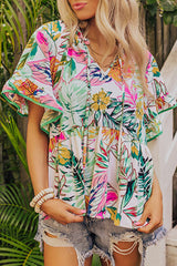 Chemisier blanc à manches courtes et à volants à imprimé floral tropical-A WOMAN WE LOVE