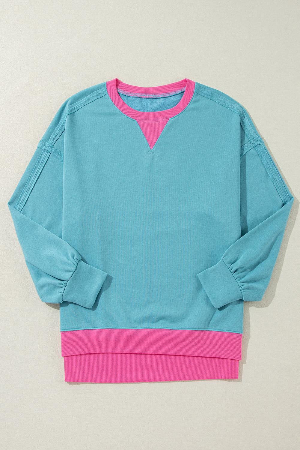 Sweat-shirt ample à col rond et patchwork color block bleu clair