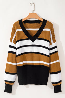 Brown Contrast Stripe Textured Knit V-Neck Sweater