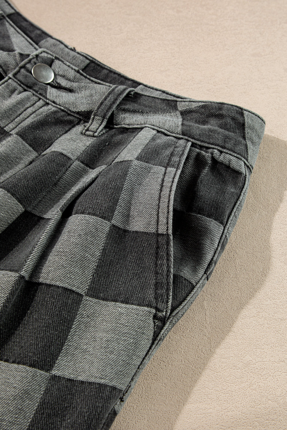 Dark Grey Plaid Denim Wide Leg Jeans