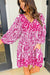 Boho Print Pink Tie V-Neck Puff Sleeve Flared Mini Dress