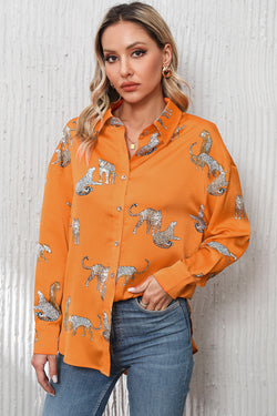 Shirt buttoned in satin with Russet Orange Guépard Print Print