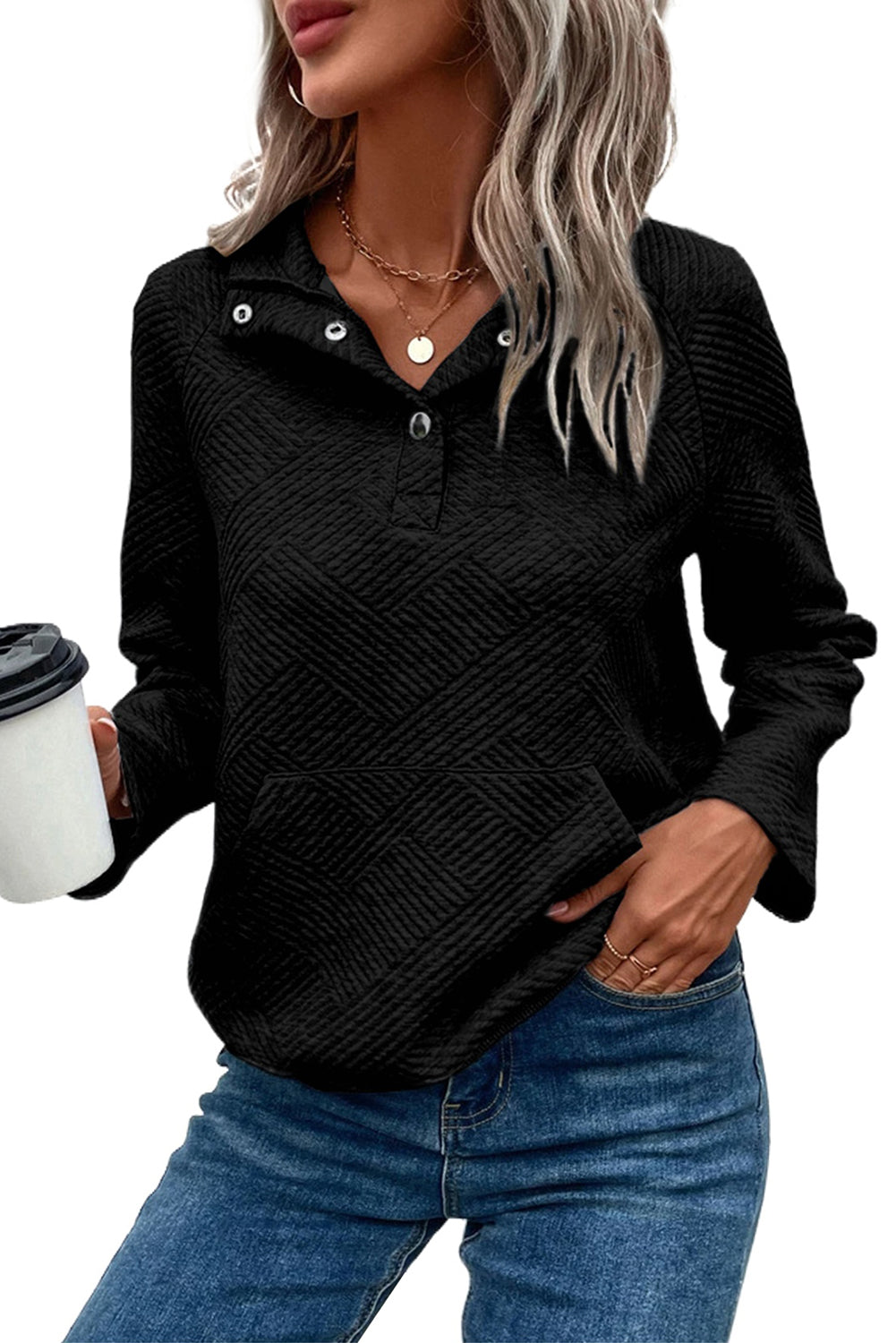 Sweat-shirt noir à poche kangourou boutonné en tricot texturé