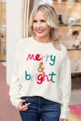 White relaxed sweater Merry & Bright with round neck