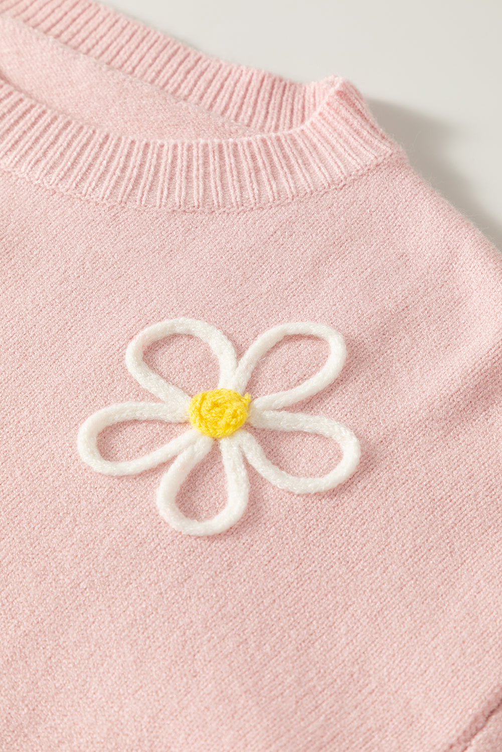 Pink Chenille Daisy Stitching Crew Neckpullover