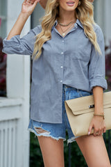Chemise à manches longues texturée bleue avec poche boutonnée-A WOMAN WE LOVE