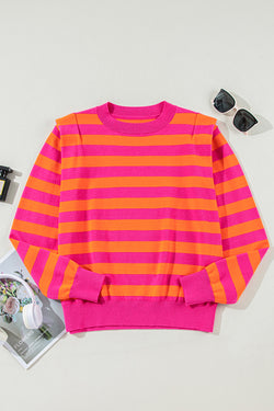 Round neck sweater with shoulder pads and pink stripes