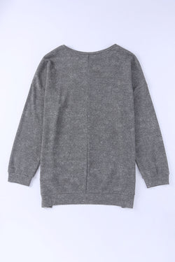 Grey waffle knit sweater top with side slit