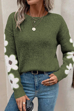 Moss green sweater with dropped shoulders and floral sleeves