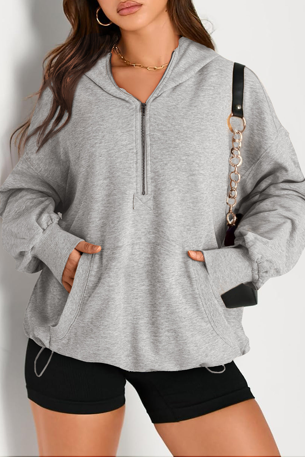 Light Grey Solid Kangaroo Pocket Half Zipper Oversized Hoodie