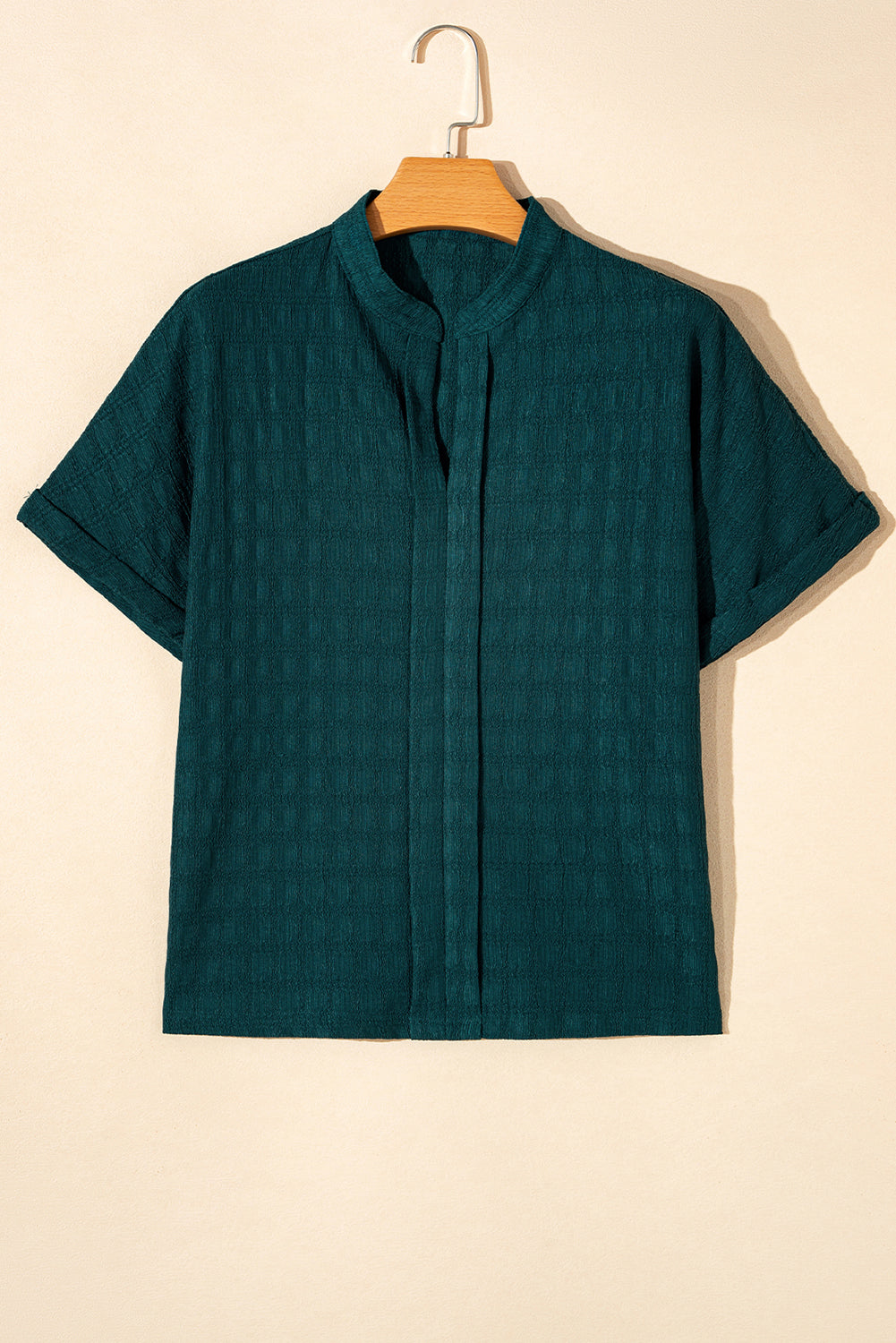 Sea Green Solid Textured Split Cuello corto Blusa de manga