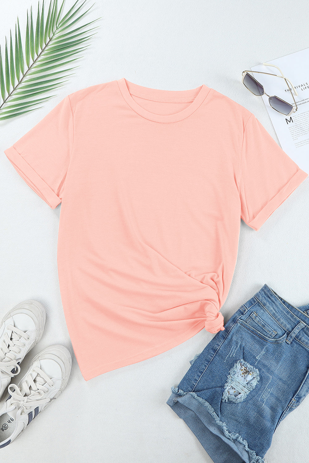 Camiseta rosa casual de color redondo