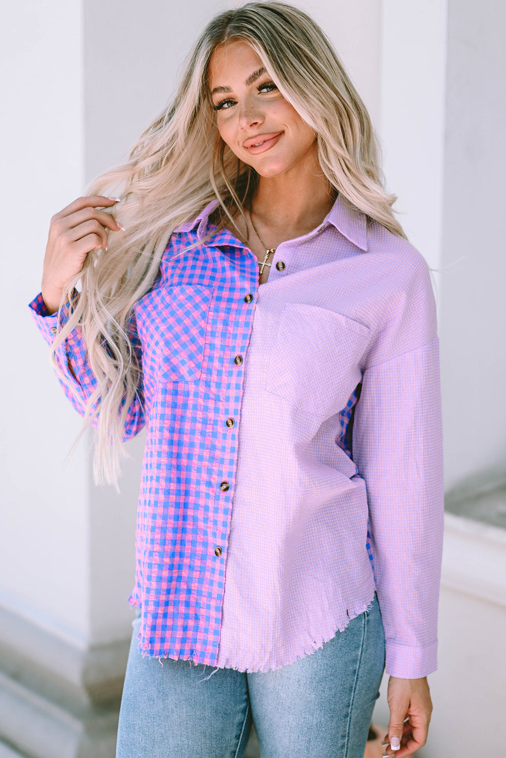 Bouton à plaid mixte violet chemise de poche à manches longues