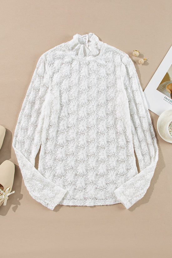 White long sleeve high neck floral lace top