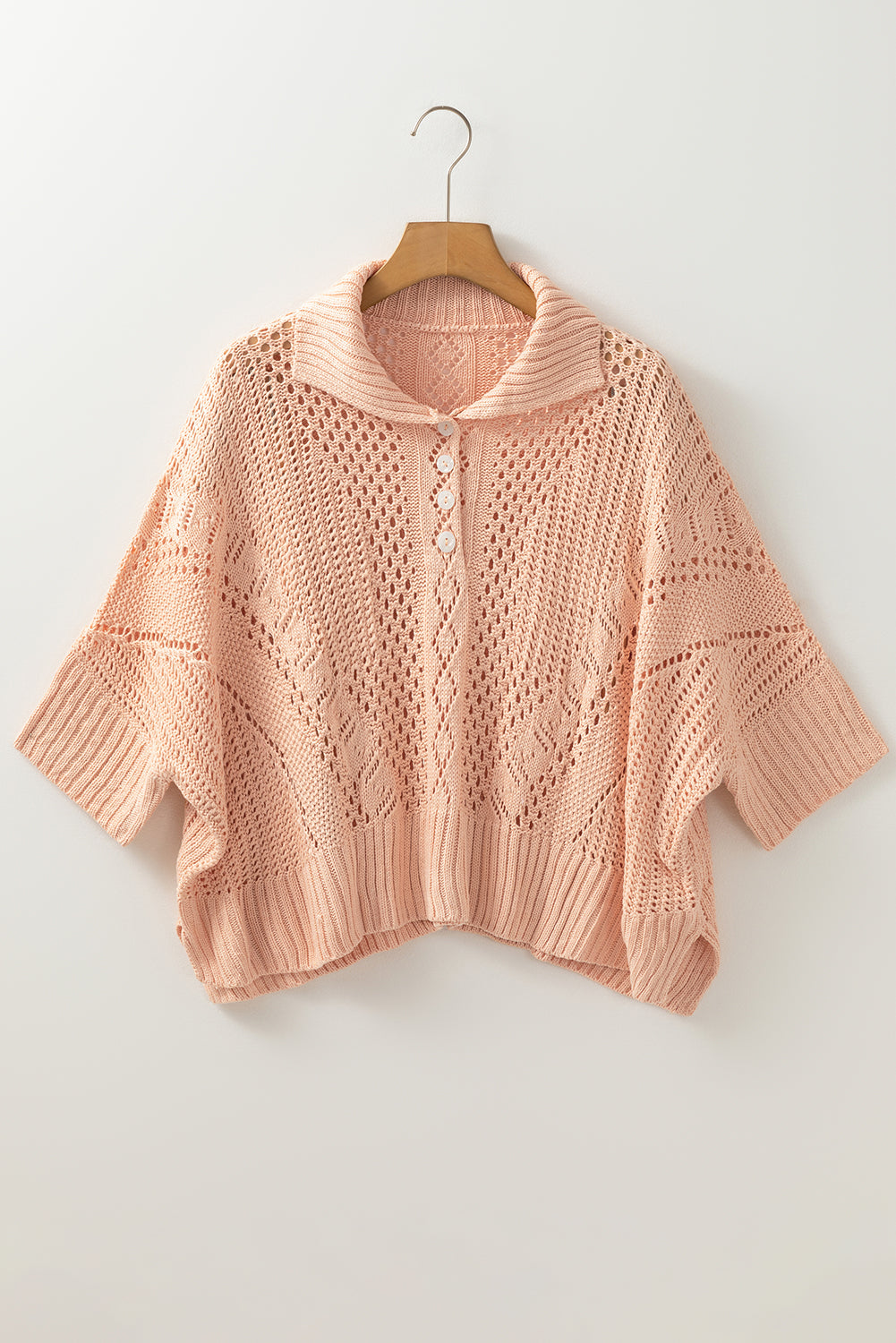 Pull à col boutonné à manches 3/4 Dolman en tricot creux rose abricot