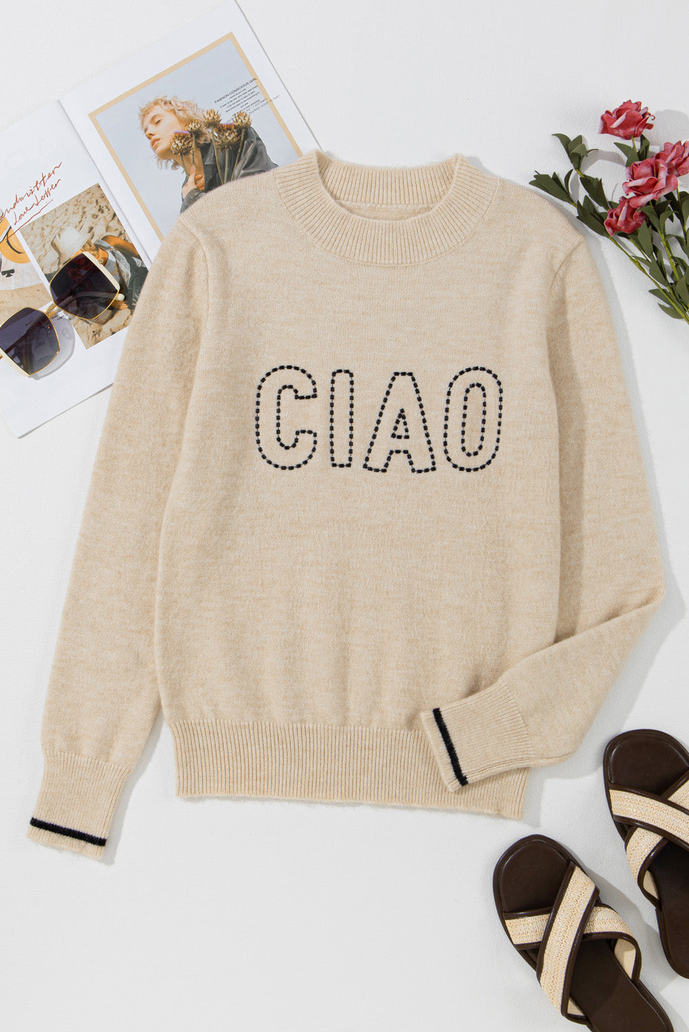 Oatmeal CIAO Letter Graphic Crew Sweater de cuello