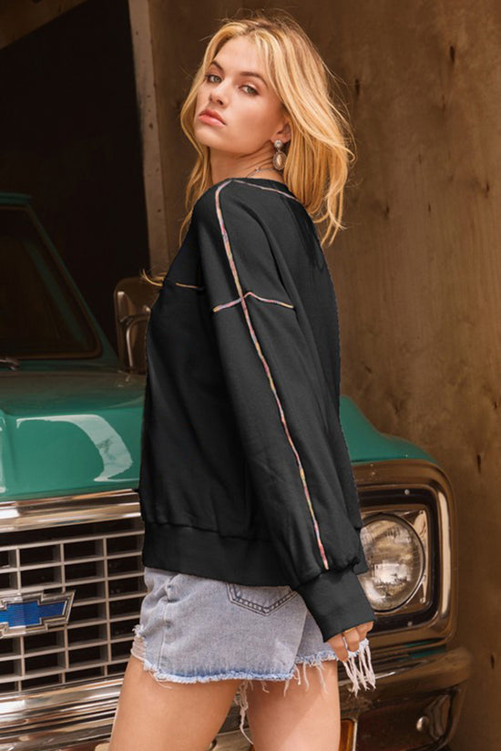 Black Drop Shoulder Sweatshirt with Contrast Rainbow Trim