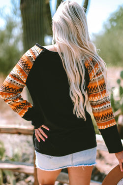 Orange geometric print raglan patchwork long sleeve t-shirt