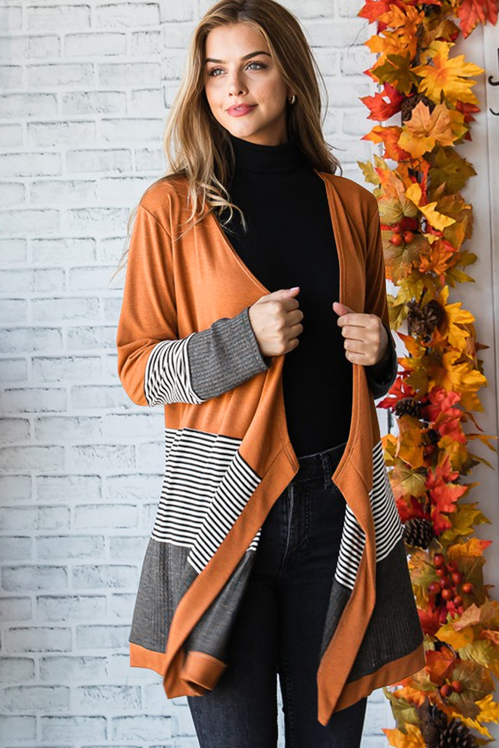 Cardigan ouvert patchwork rayé color block orange