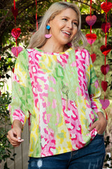 Camiseta de punto de ronda redonda multicolor en bloque de color de leopardo de gran tamaño