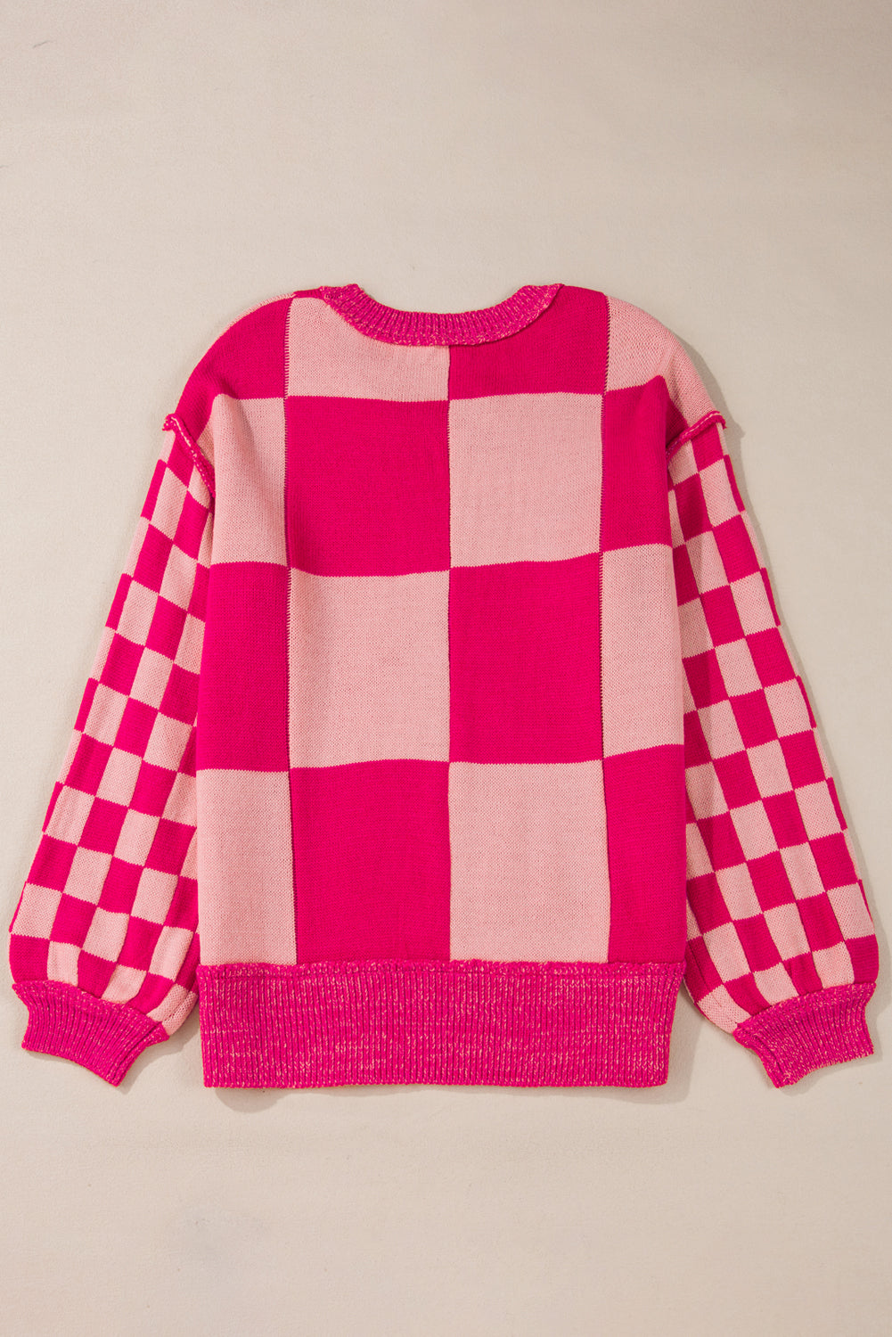 Pull ample à motif à carreaux mélangés Rose rouge, épaules tombantes