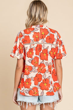 Orange loose sleeve blouse and flying collar and floral pattern